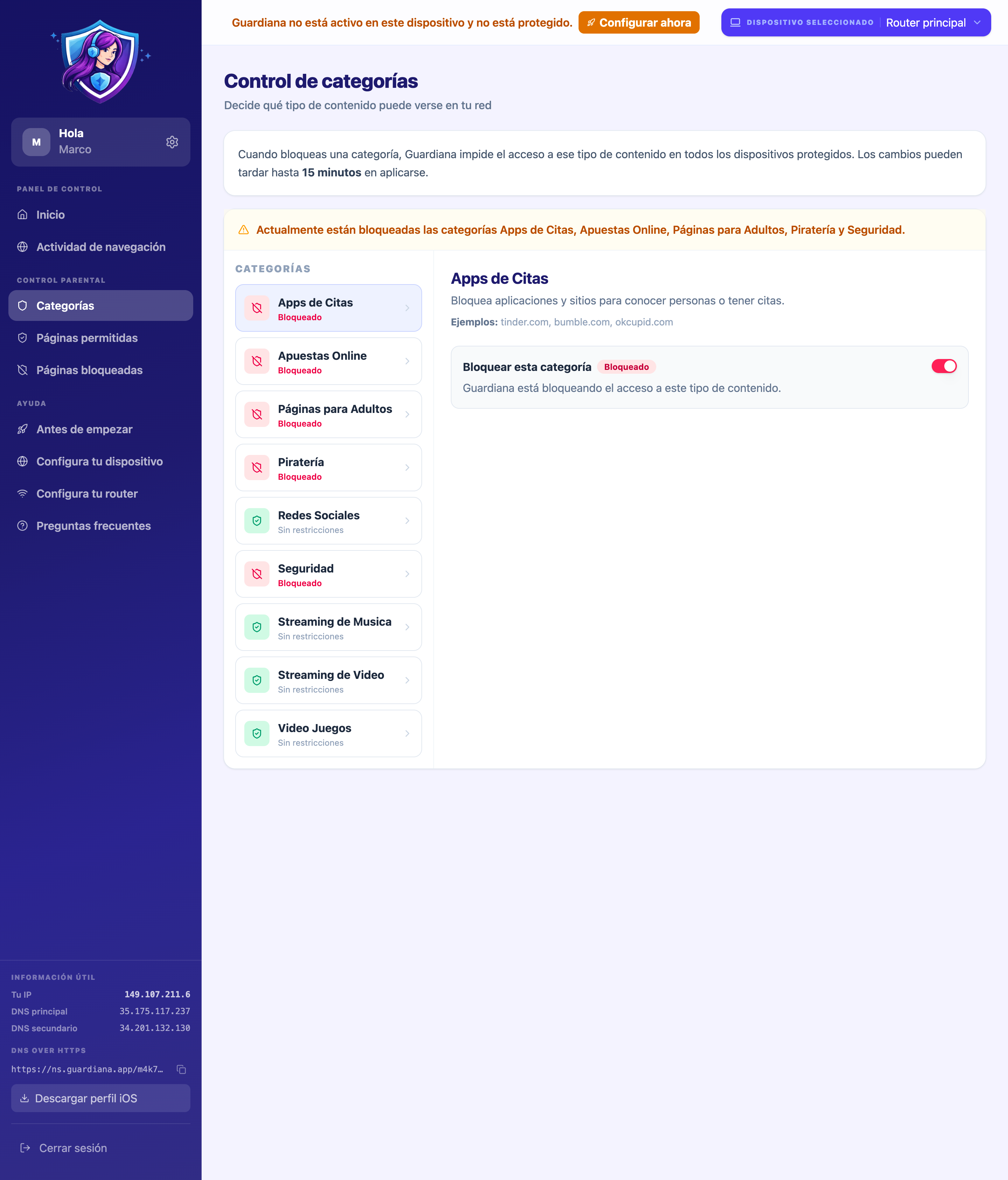 Vista del panel de Guardiana con reglas por categorías